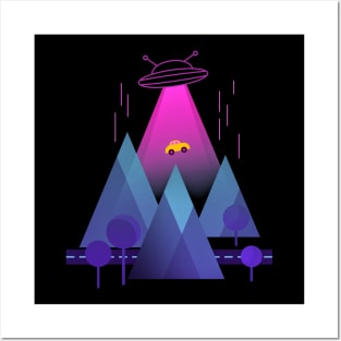 Alien Ship abducting a Car Posters and Art